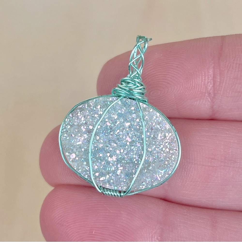 Handmade wire wrapped mint druzy quartz pendant